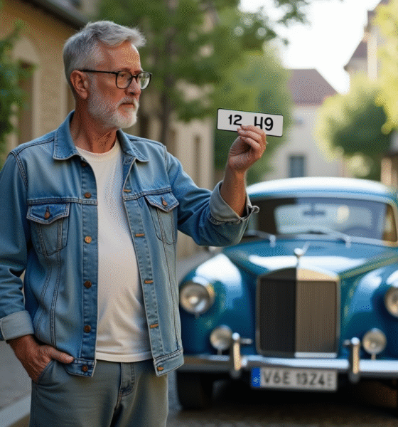 Homme français examine une plaque d'immatriculation dans un quartier résidentiel