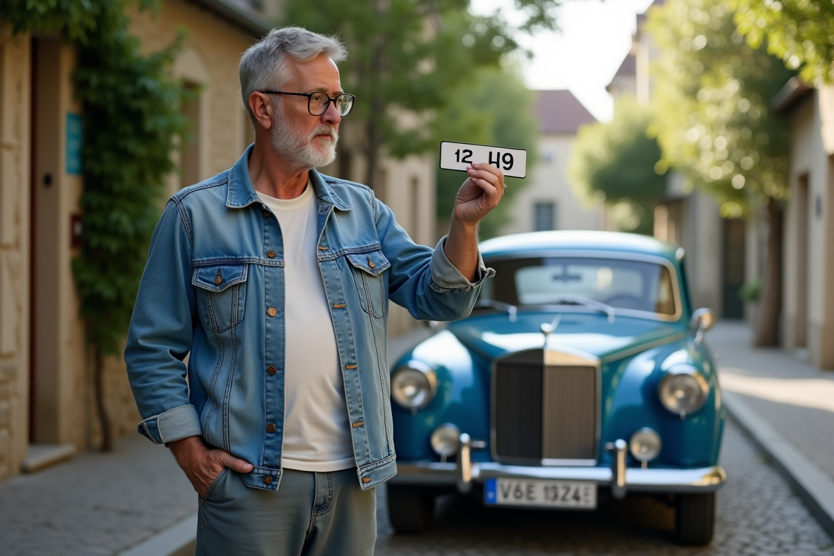 Homme français examine une plaque d'immatriculation dans un quartier résidentiel