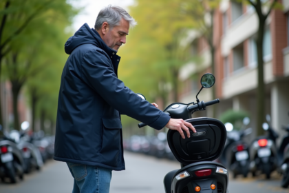 Homme inspectant la batterie d’un scooter électrique dans la rue