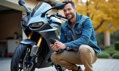 Homme en denim avec moto et GPS dans la cour
