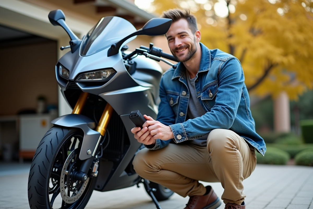 Homme en denim avec moto et GPS dans la cour