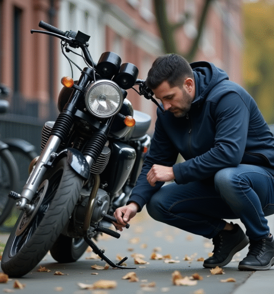 Homme moyenâgeux avec moto et verrouillage solide