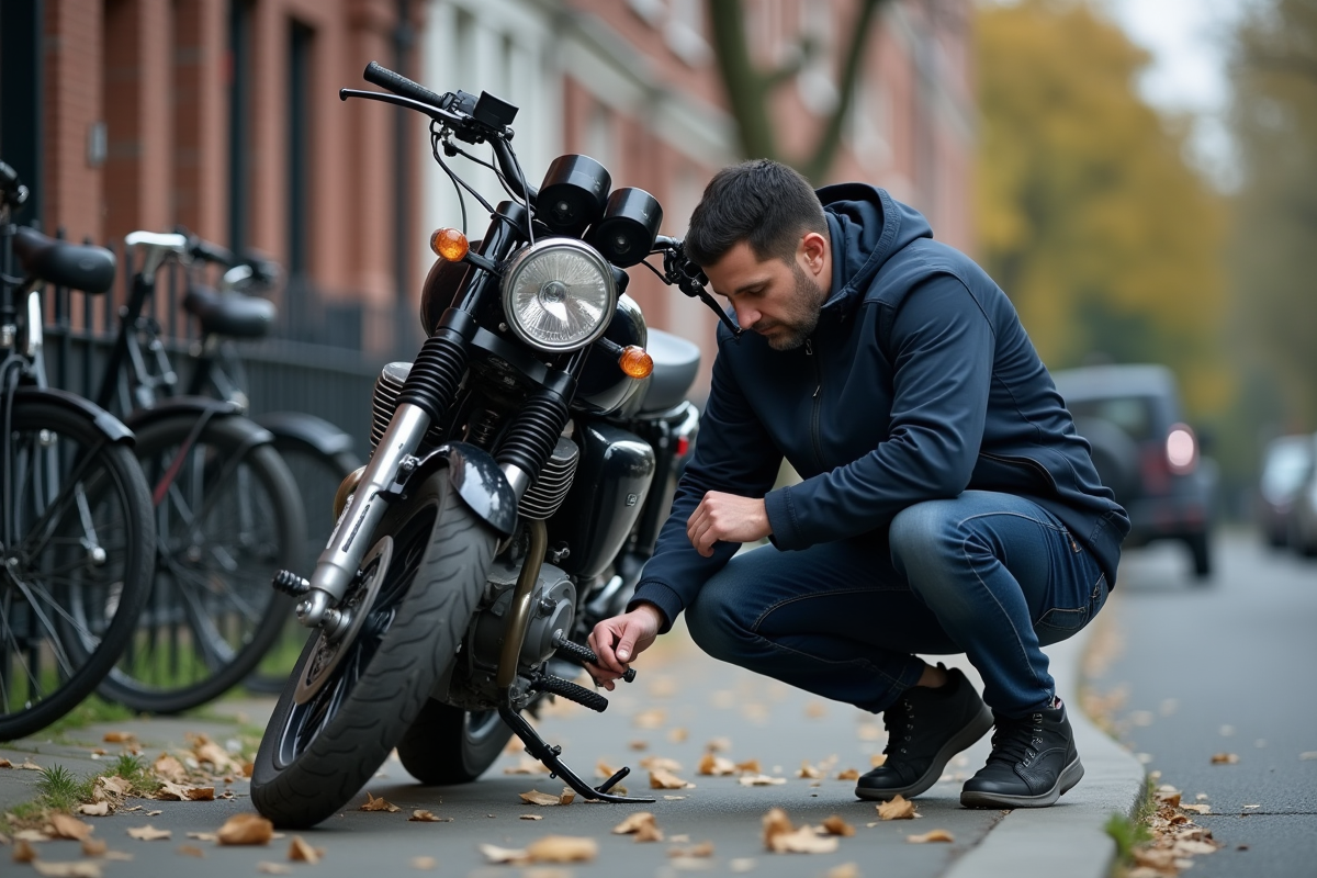 Homme moyenâgeux avec moto et verrouillage solide