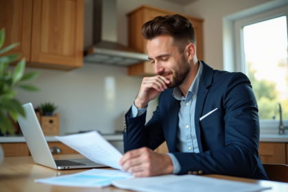 Homme en blazer regardant ses documents d'assurance
