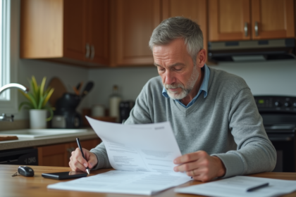 Homme d'âge moyen vérifiant des papiers dans la cuisine