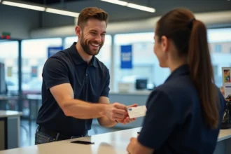 Homme souriant remettant sa piece d'identite au comptoir