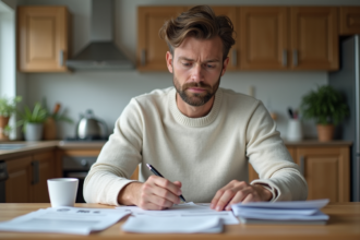 Homme en intérieur examine documents d'assurance voiture