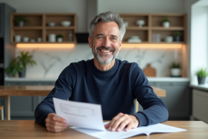 Homme souriant vérifiant ses documents d'assurance voiture