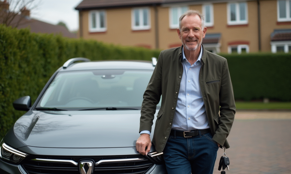 Homme d'âge moyen souriant à côté d'une voiture diesel moderne
