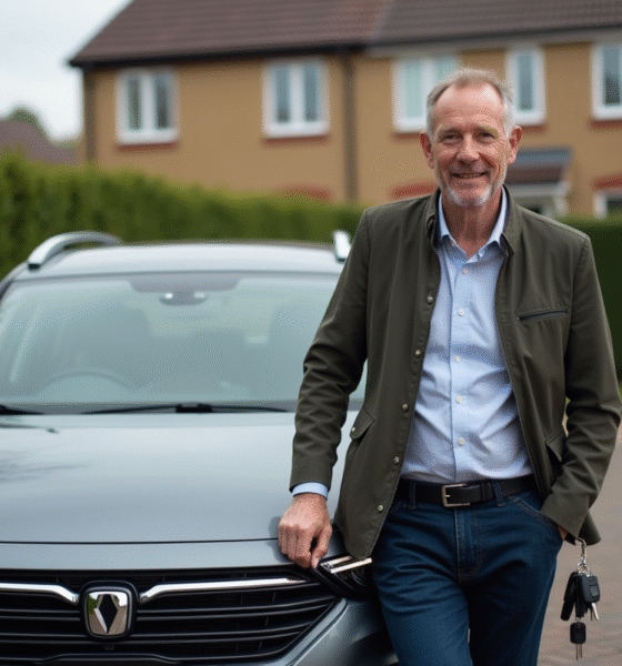 Homme d'âge moyen souriant à côté d'une voiture diesel moderne