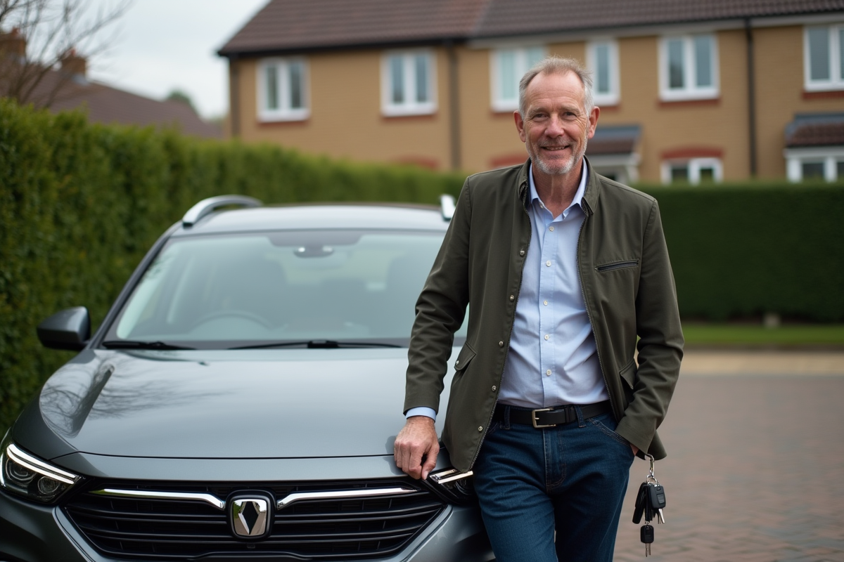 Homme d'âge moyen souriant à côté d'une voiture diesel moderne
