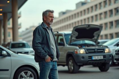 Homme d'âge moyen examinant le moteur d'un SUV en parking