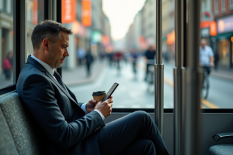 Homme d'affaires lisant sur son smartphone dans un tram moderne