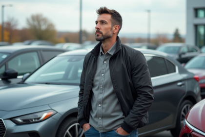 Homme devant une nouvelle voiture en concession