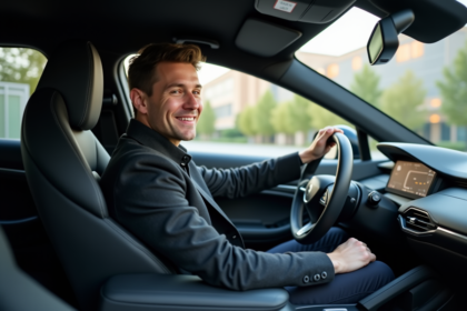 Jeune homme en voiture électrique en ville en journée