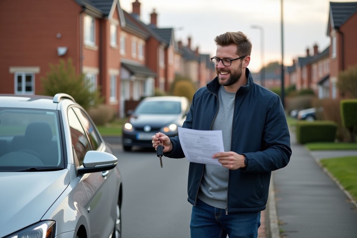 Homme souriant vérifiant papiers près de sa voiture en banlieue