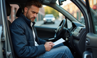 Homme anxieux dans sa voiture en ville avec documents