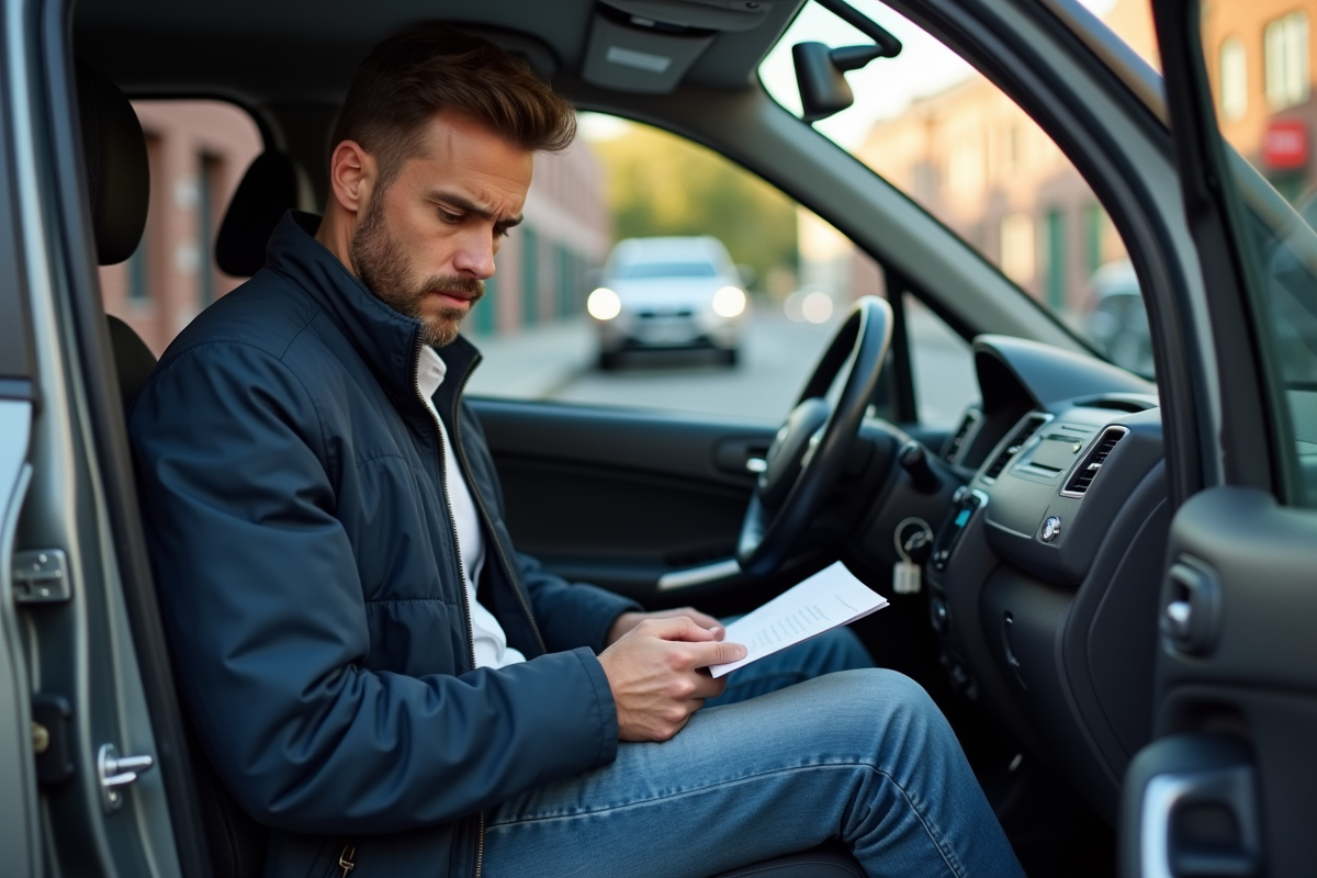Homme anxieux dans sa voiture en ville avec documents