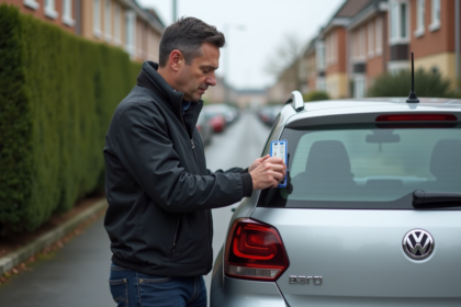 Homme attachant une plaque d'immatriculation personnalisée à sa voiture