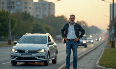 Homme d'âge moyen à côté de sa voiture sur la route