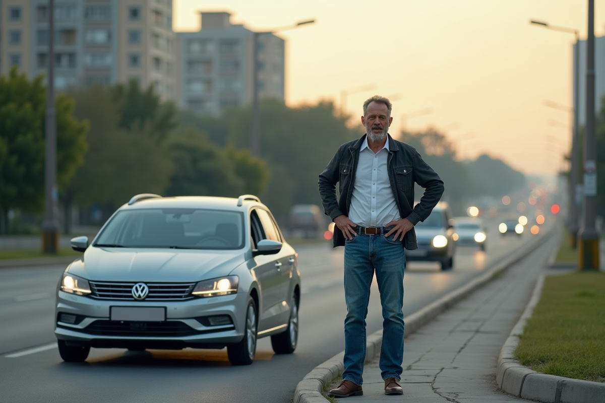 Homme d'âge moyen à côté de sa voiture sur la route