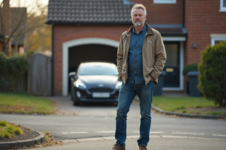 Homme d'âge moyen près de sa voiture dans une rue résidentielle