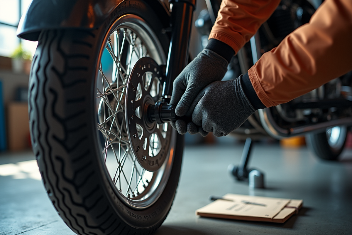 Inspection de la roue et suspension du sidecar par des mains gantées