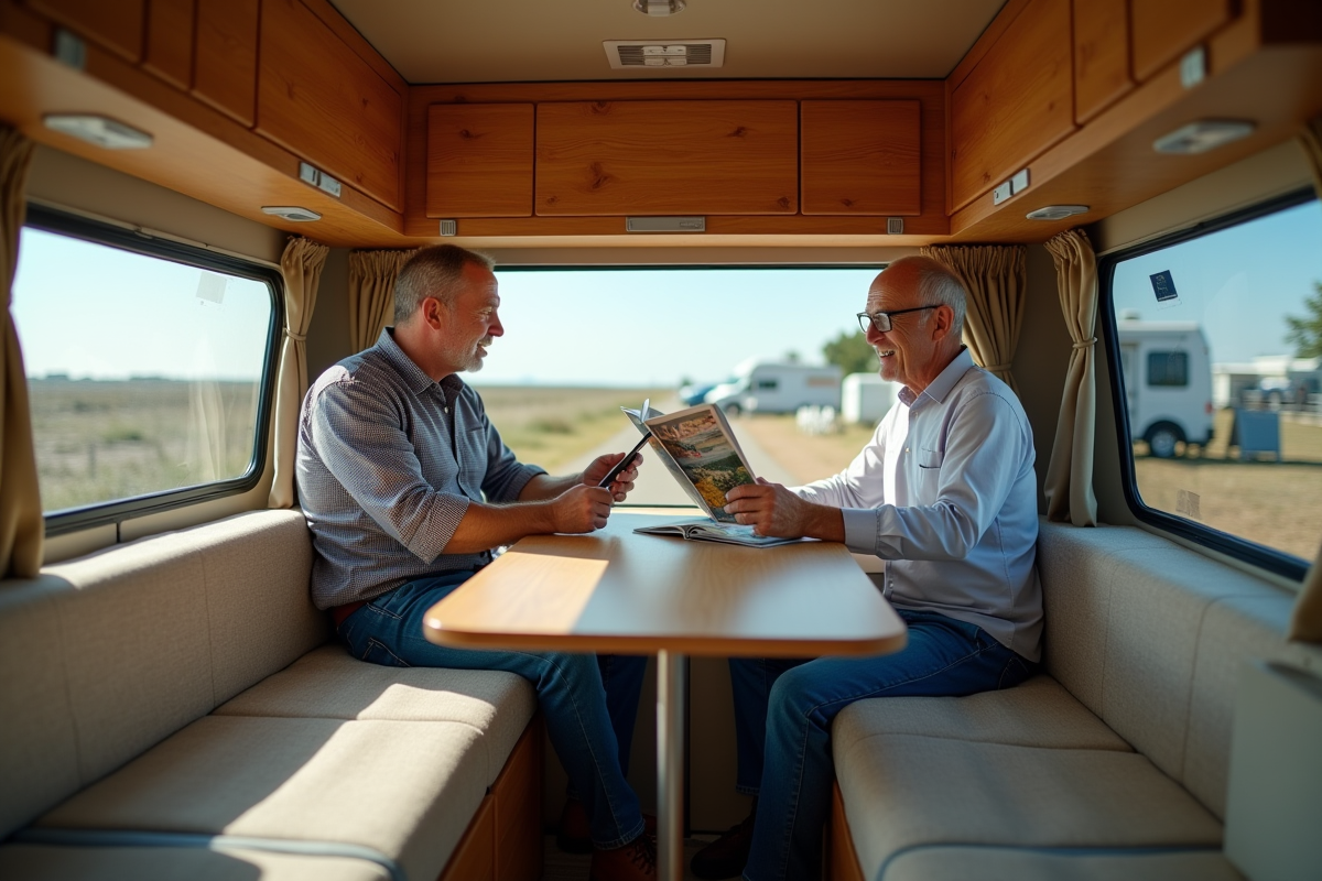 Homme lisant un magazine dans l’intérieur d’un van aménagé