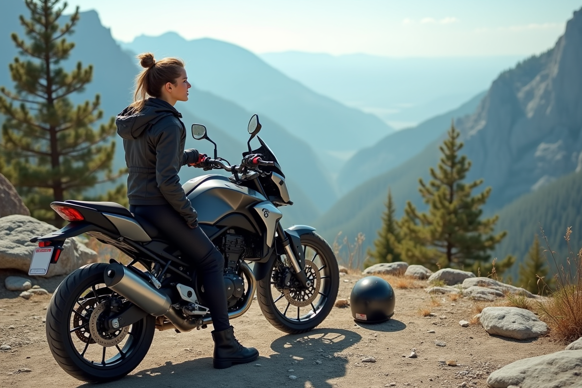 Jeune femme en moto au sommet avec paysage montagneux
