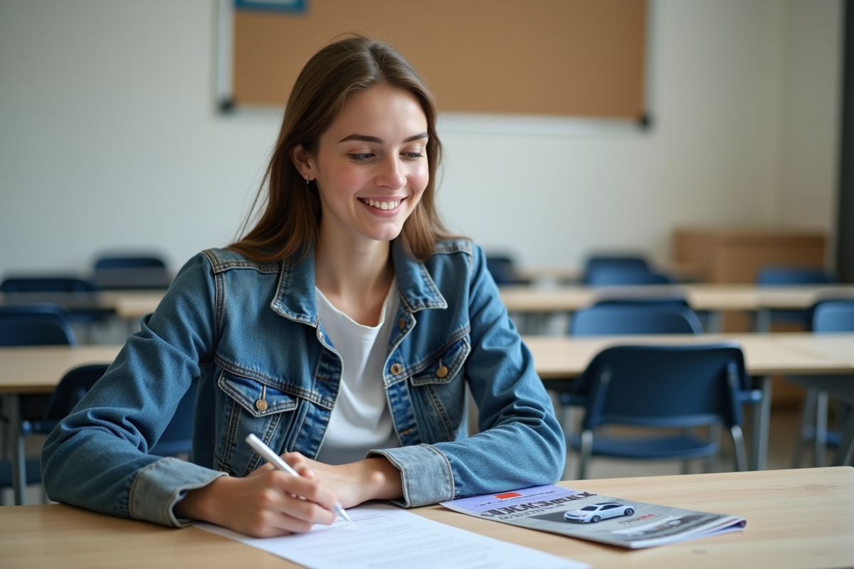 Jeune femme souriante remplissant un formulaire de permis de conduire