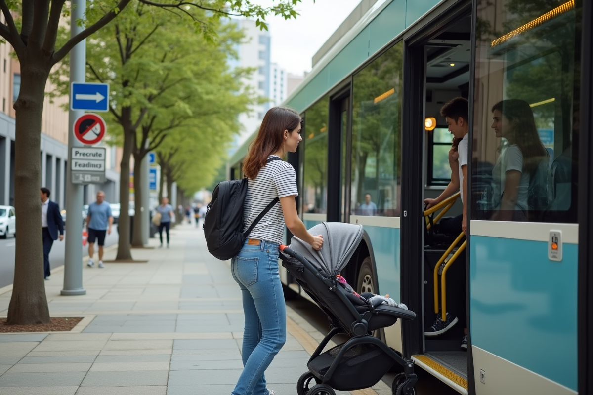 Jeune femme poussant une poussette vers un bus électrique urbain