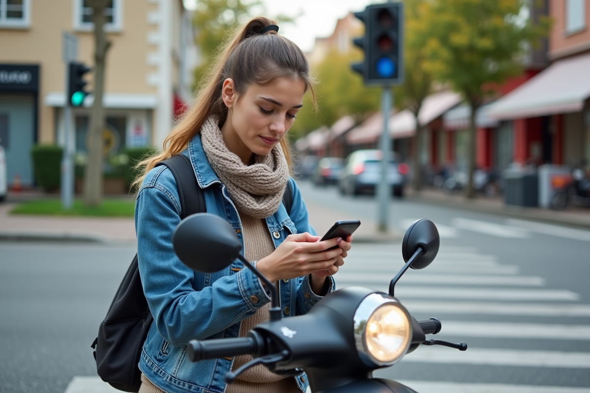 Jeune femme en scooter à un feu de circulation