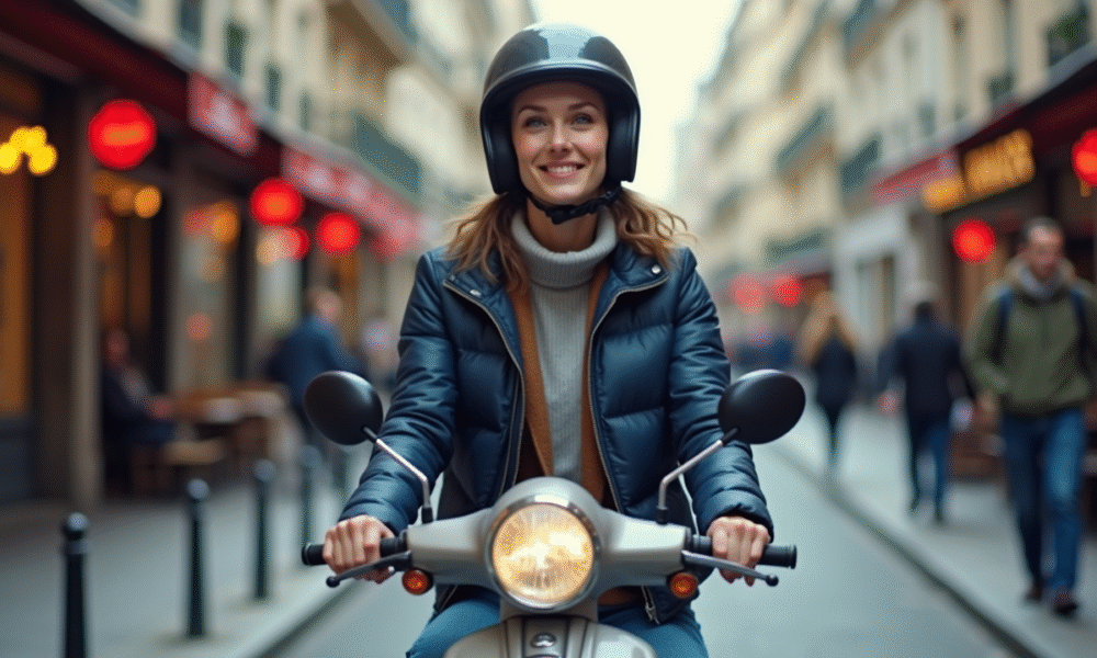 Jeune femme en scooter dans une rue parisienne animée