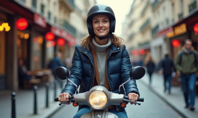 Jeune femme en scooter dans une rue parisienne animée