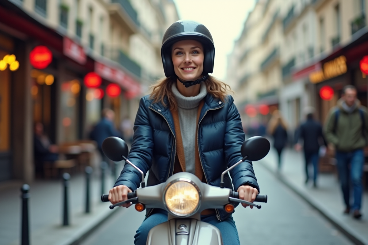 Jeune femme en scooter dans une rue parisienne animée