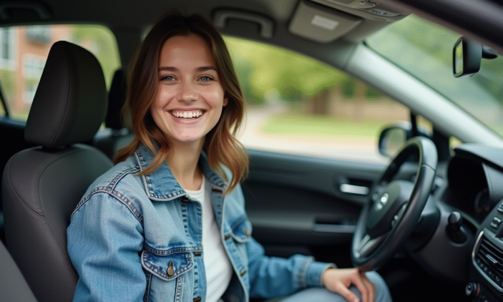 Jeune femme souriante dans sa voiture en banlieue