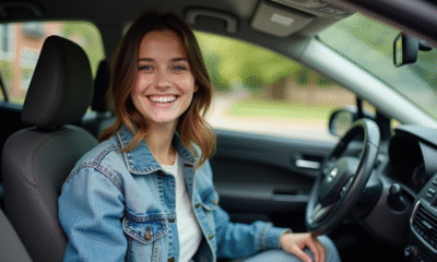 Jeune femme souriante dans sa voiture en banlieue