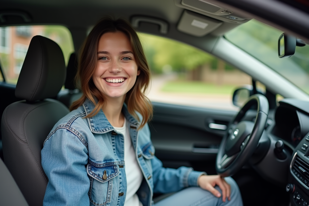Jeune femme souriante dans sa voiture en banlieue