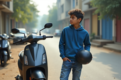 Garçon de 14 ans en hoodie bleu avec scooter électrique