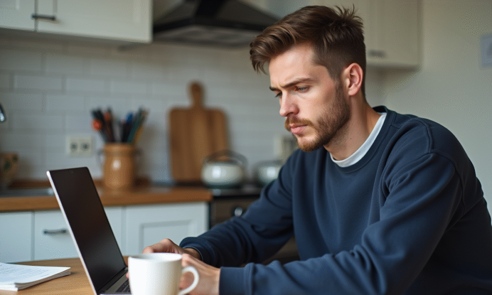 Jeune homme compare devis d'assurance auto à la maison