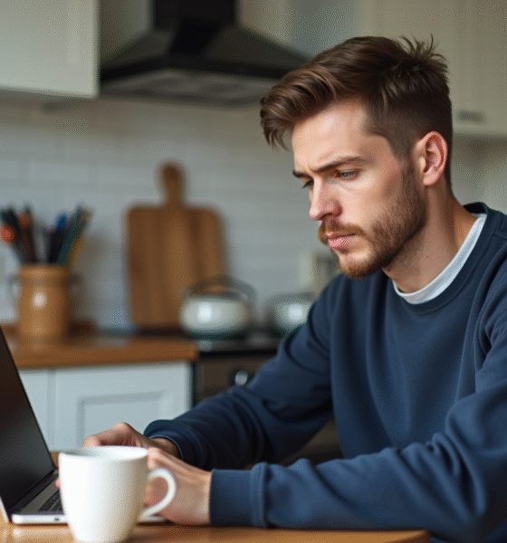 Jeune homme compare devis d'assurance auto à la maison