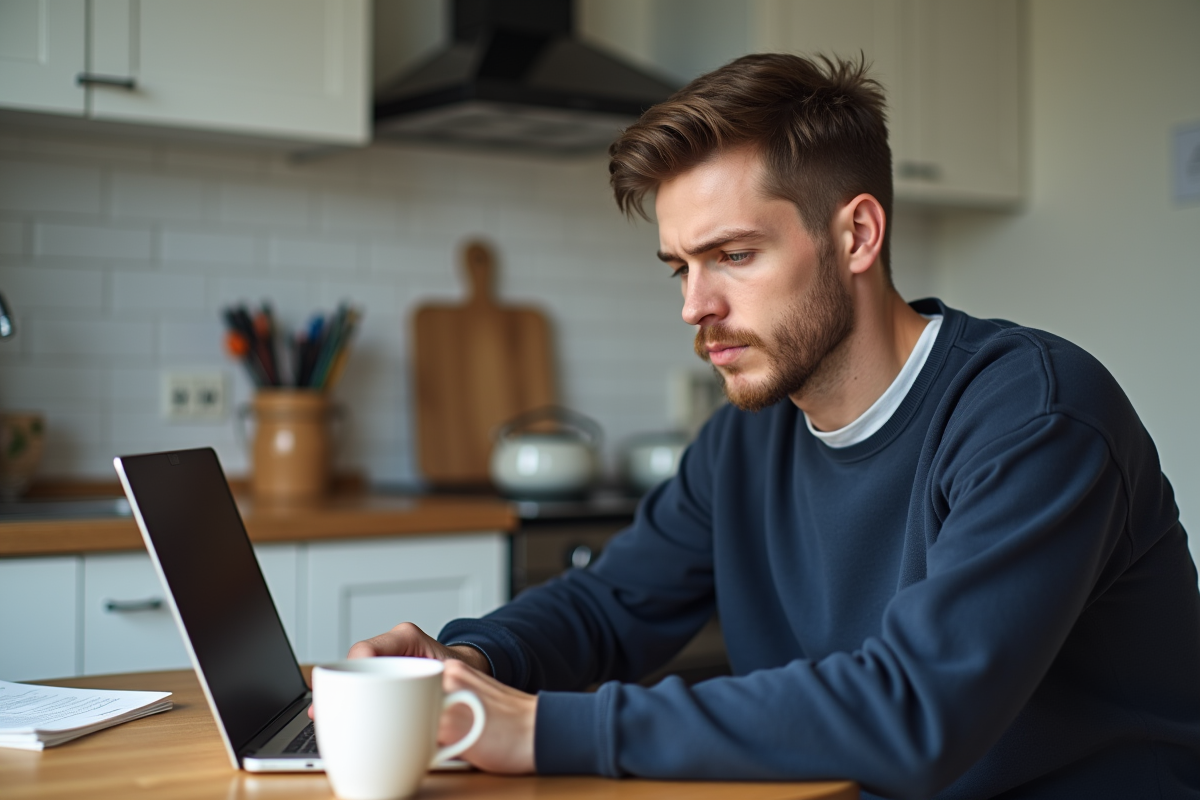 Jeune homme compare devis d'assurance auto à la maison