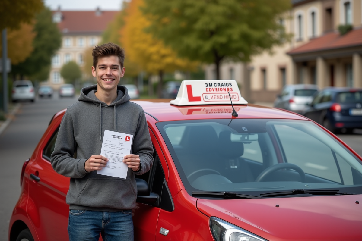 Jeune homme avec permis de conduire devant une voiture d