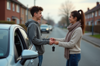 Jeune homme donne des clés à une jeune femme dans la rue