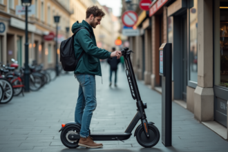 Jeune homme avec scooter électrique en ville