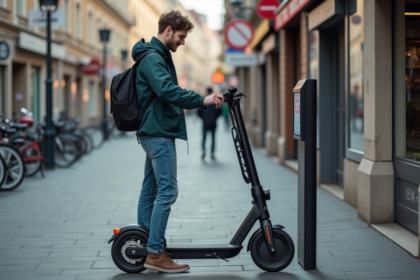 Jeune homme avec scooter électrique en ville