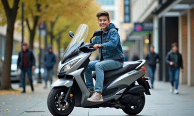 Jeune homme en denim sur scooter en ville