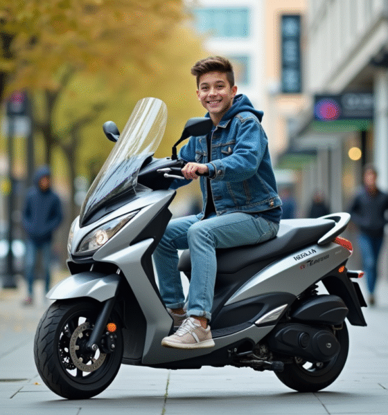 Jeune homme en denim sur scooter en ville