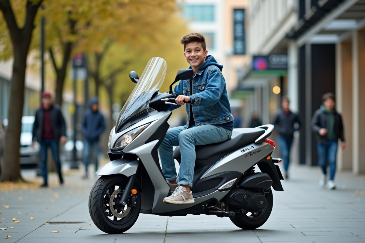 Jeune homme en denim sur scooter en ville