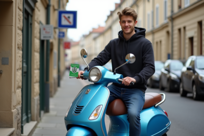 Jeune homme avec scooter bleu et carte d'assurance